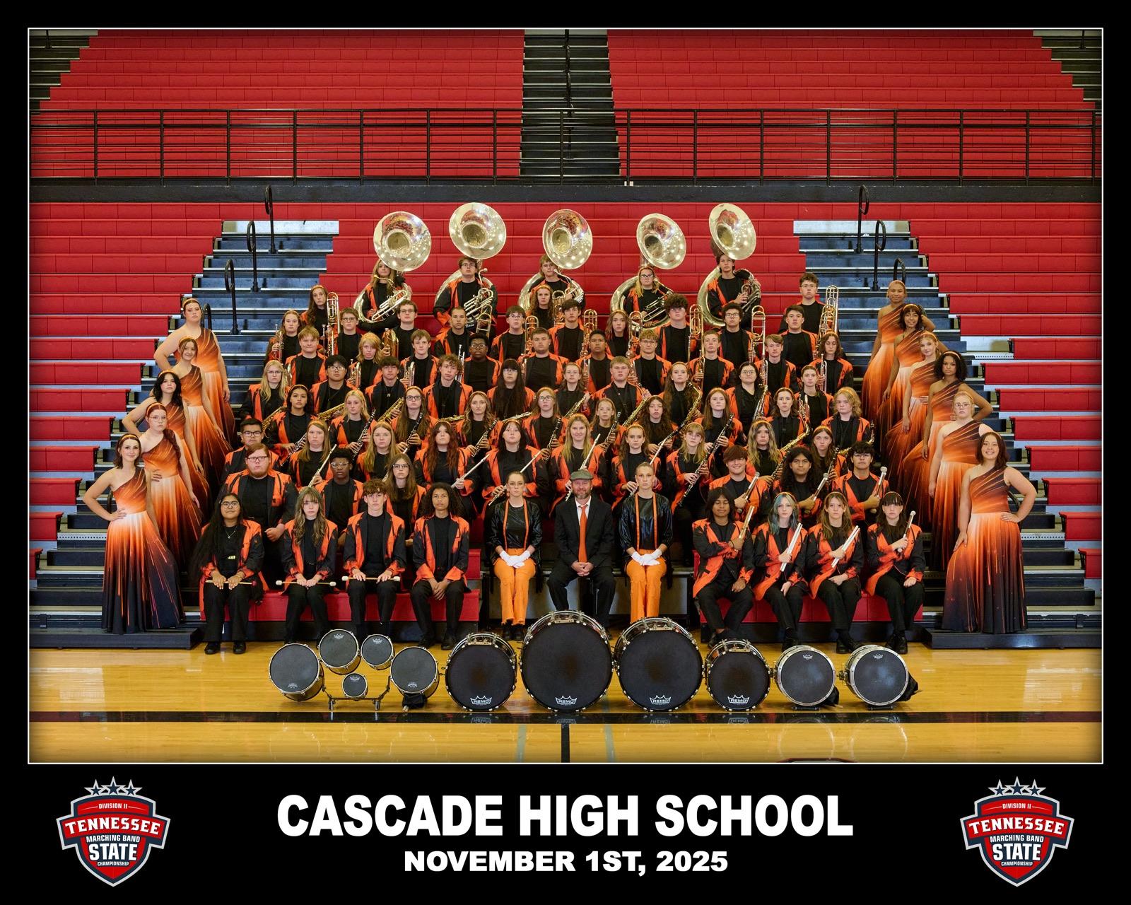 Full band group photo in the stands with the Tennessee State seal